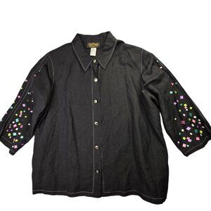 Bob Mackie Wearable Art Shirt Womens Large Black Linen Confetti Top Embroidered